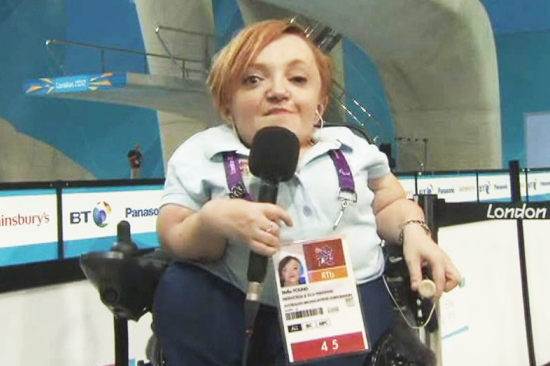 Stella Young commentates at the 2012 Paralympics.