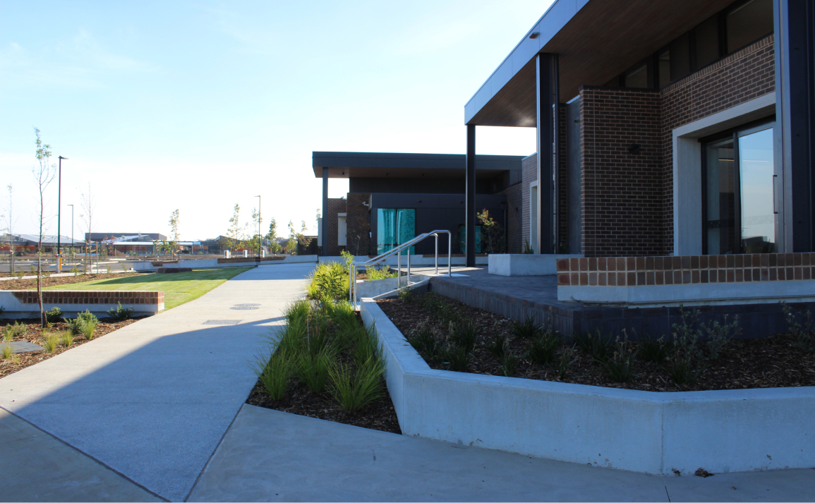 Entrance to Armstrong Creek West Neighbourhood Children's and Community Centre showing accessibility access points